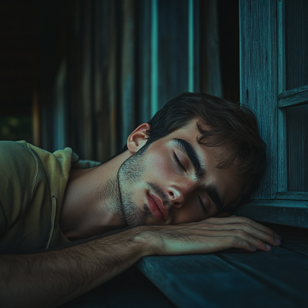 Un joven durmiendo en la puerta | Fuente: Midjourney