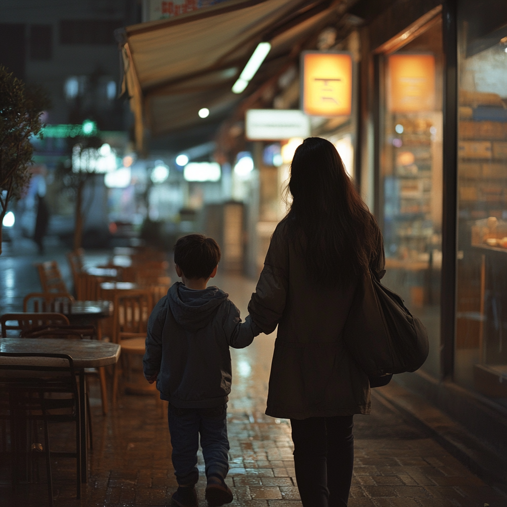 Madre e hijo caminando fuera de un restaurante vacío | Fuente: Midjourney