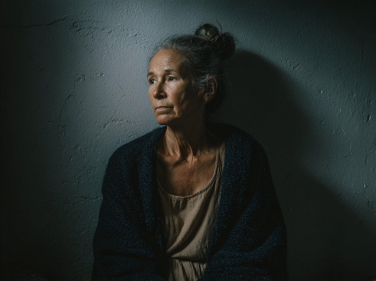 Una anciana apoyada en una pared | Fuente: Midjourney