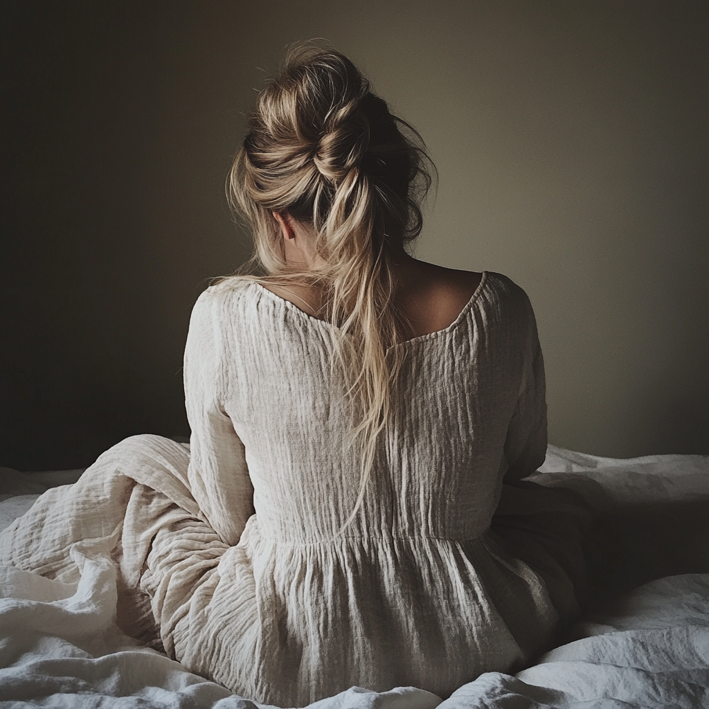 Una mujer alterada sentada en su cama | Fuente: Midjourney