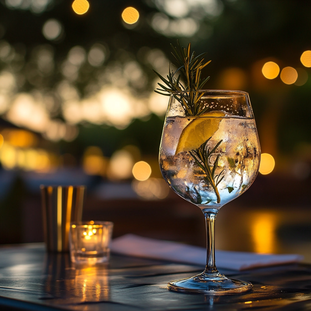 Un gin-tonic sobre una mesa | Fuente: Midjourney