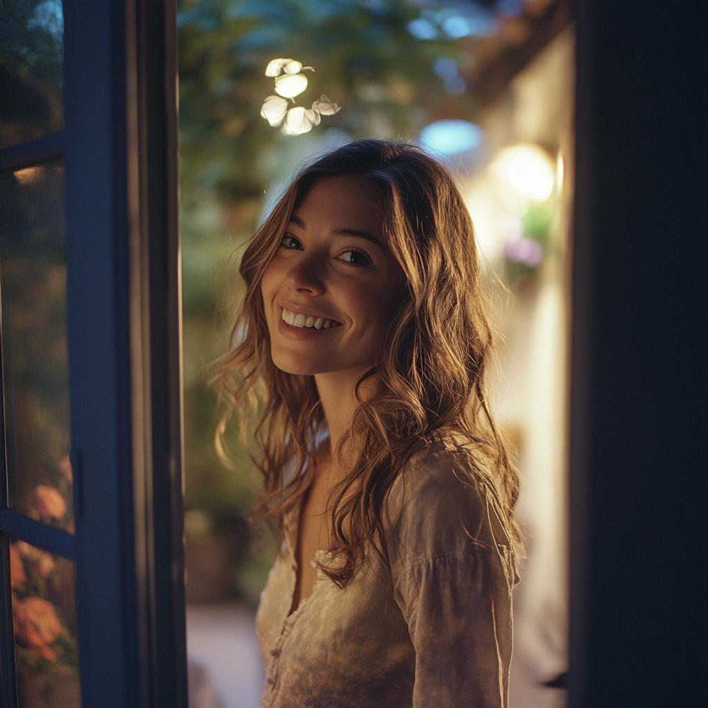 Una mujer feliz entrando en su casa | Fuente: Midjourney