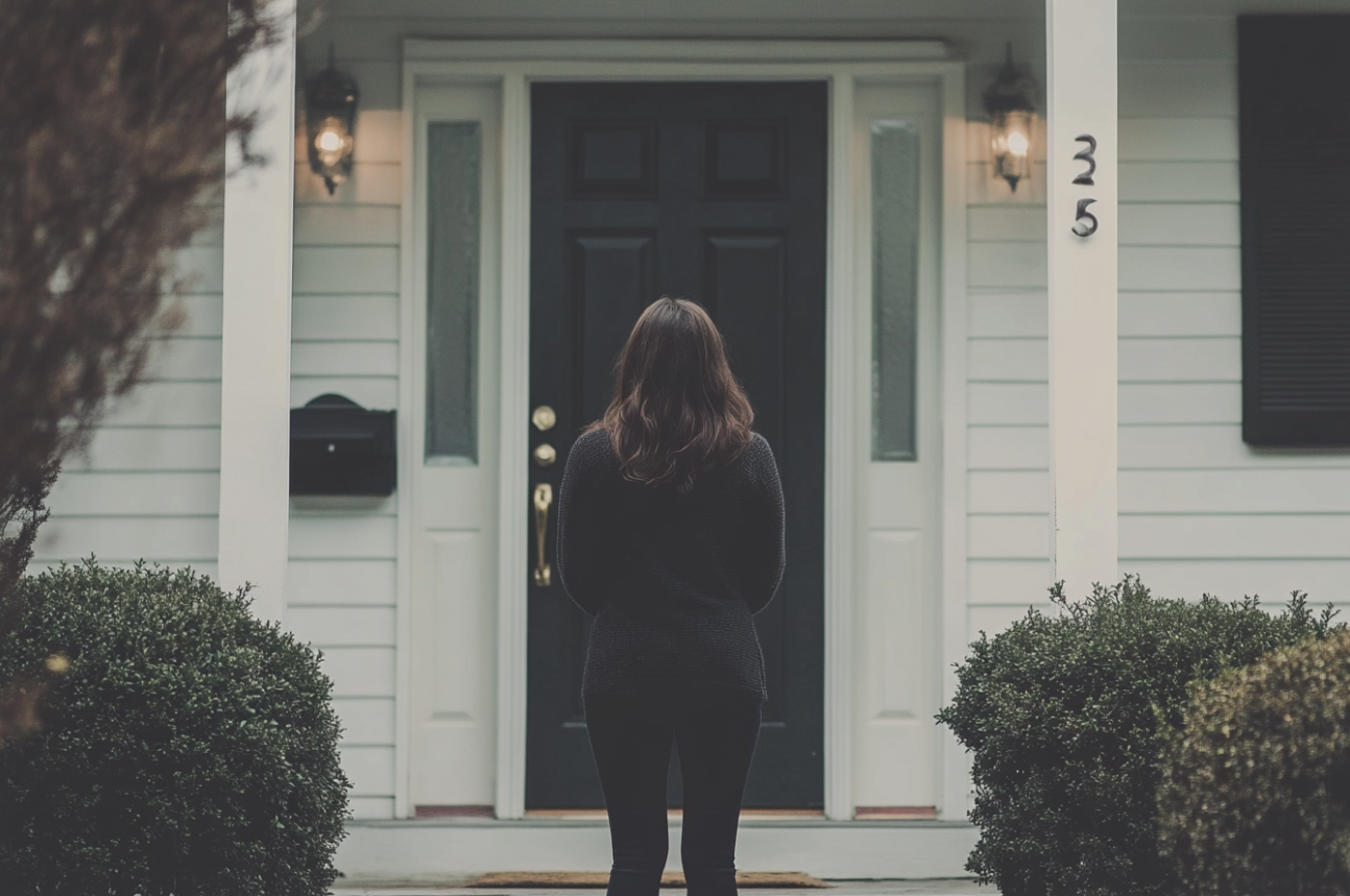 Una mujer mirando una puerta de entrada | Fuente: Midjourney