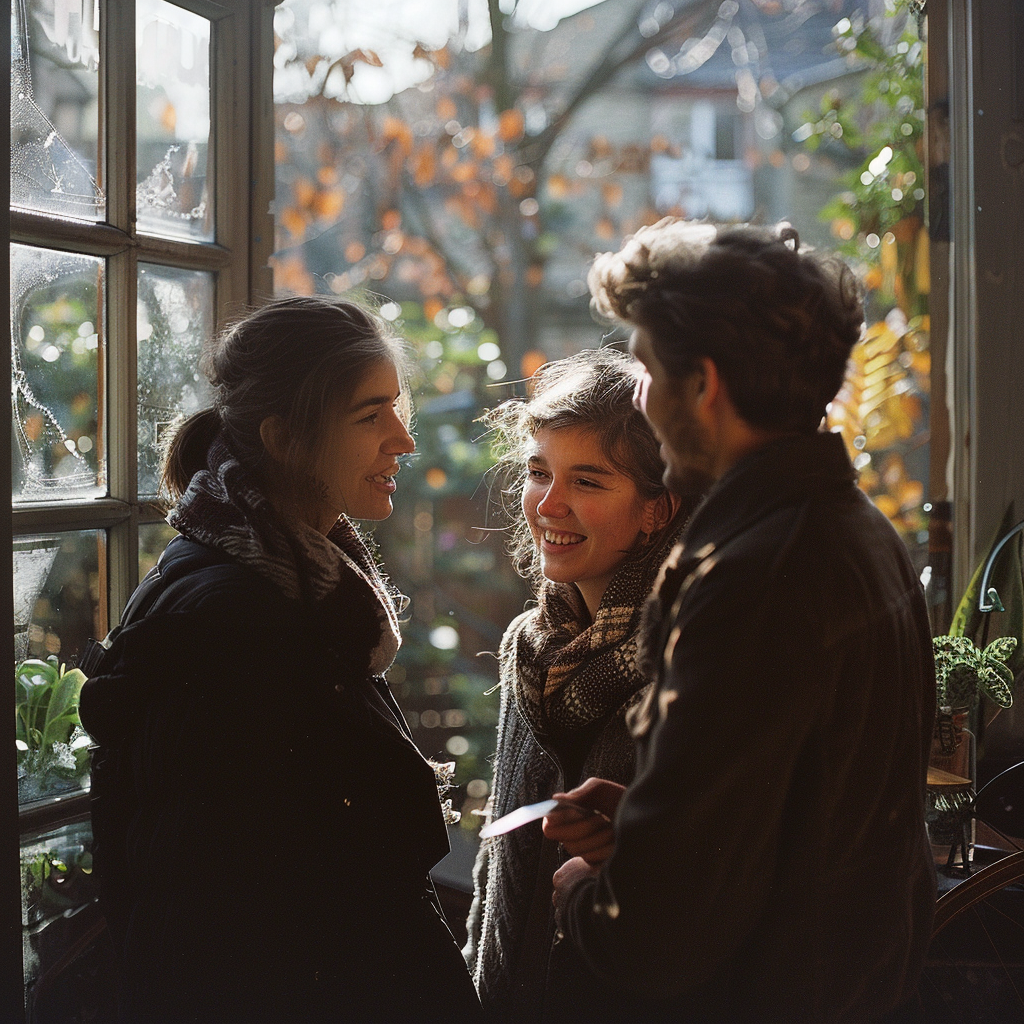 Un hombre y dos mujeres conversando junto a una ventana | Fuente: Midjourney