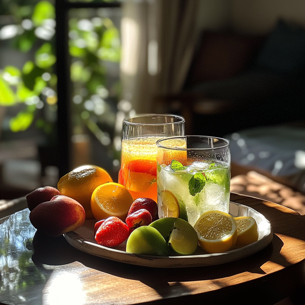 Fruta y bebidas en una mesa de café | Fuente: Midjourney