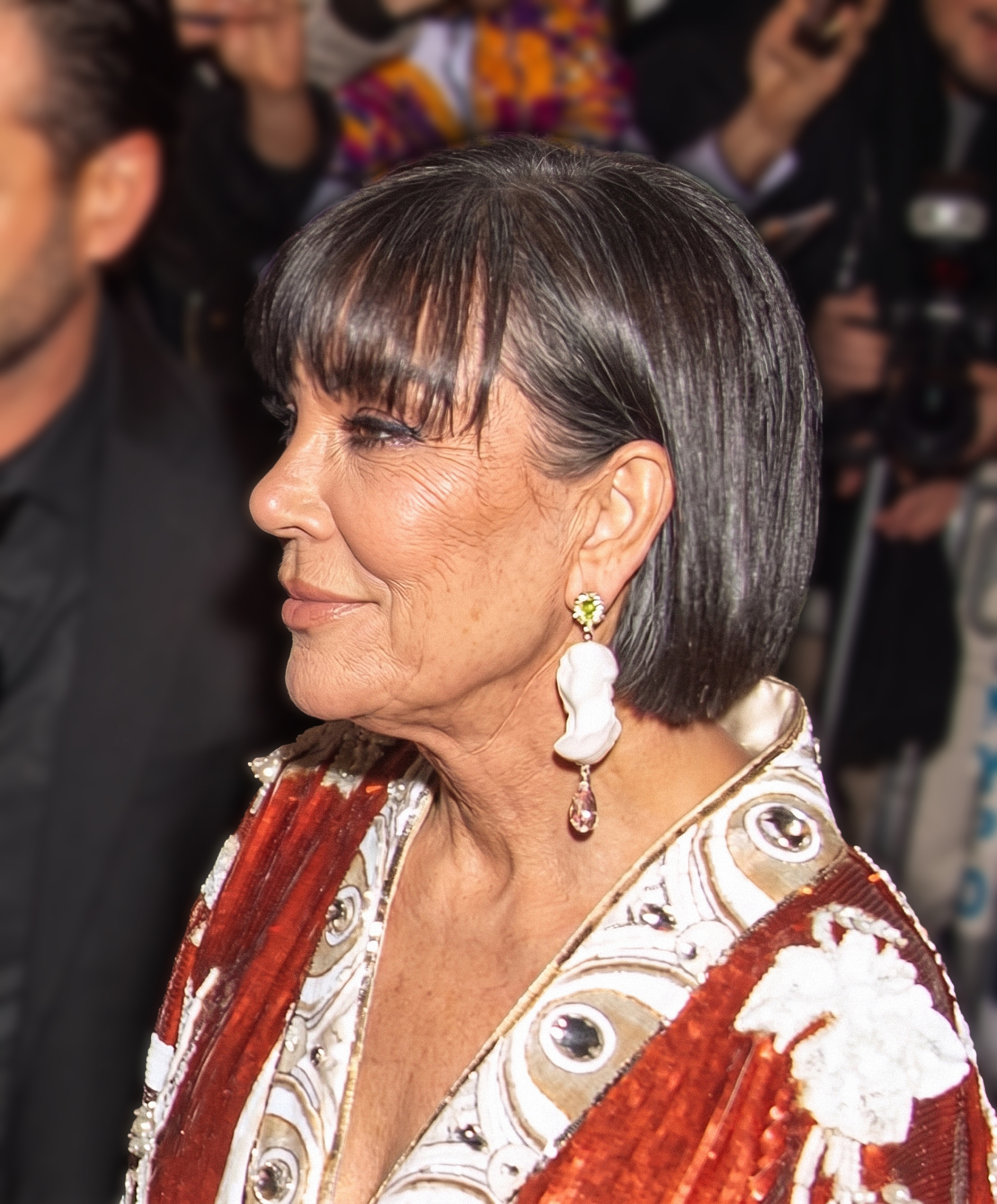 Vista de perfil, a Kris se la imagina con mechones grises muy marcados y líneas visibles a lo largo de la mejilla, la mandíbula y el cuello, lo que crea un retrato de alfombra roja muy diferente. | Fuente: Gemini