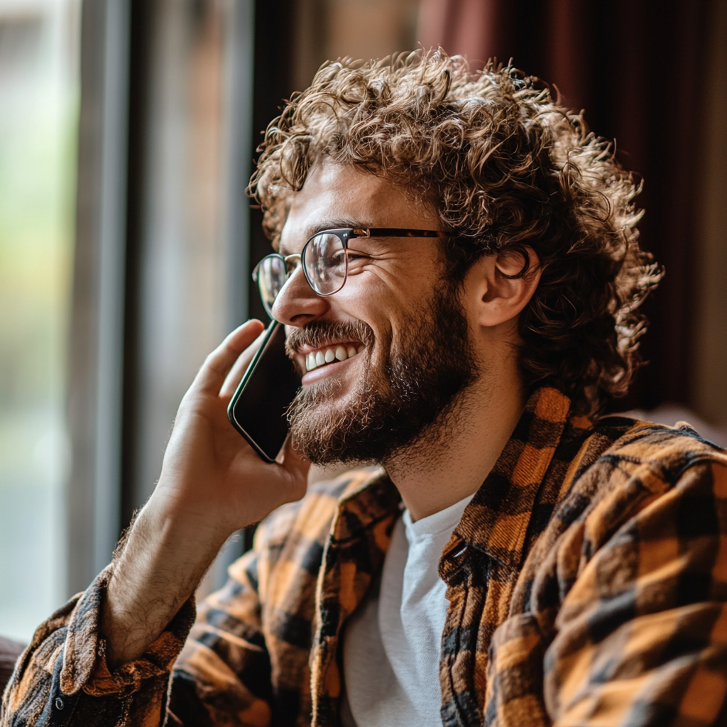 Un hombre riendo hablando por teléfono en el salón de su casa | Fuente: Midjourney