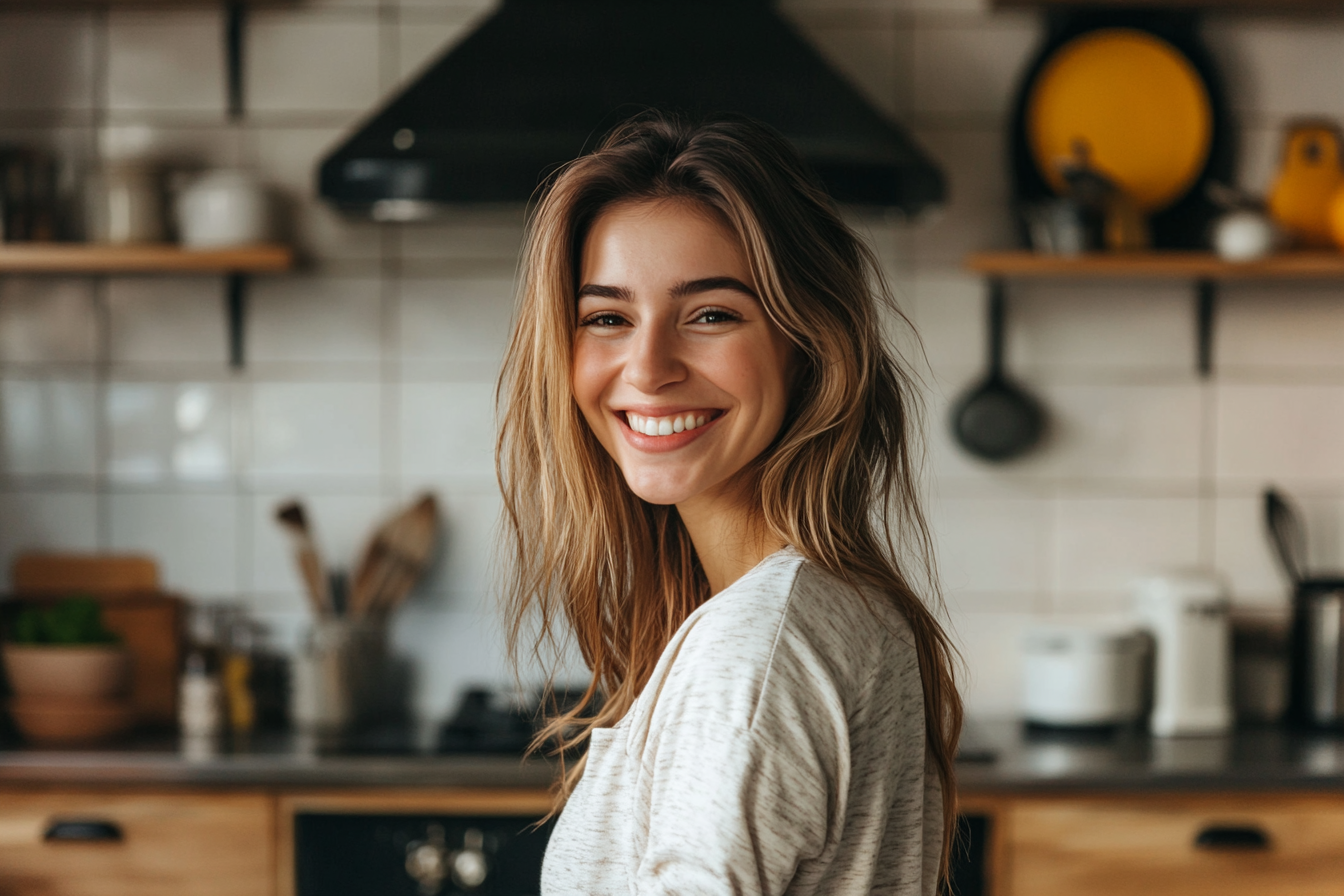 Una mujer sonriente en una cocina | Fuente: Midjourney