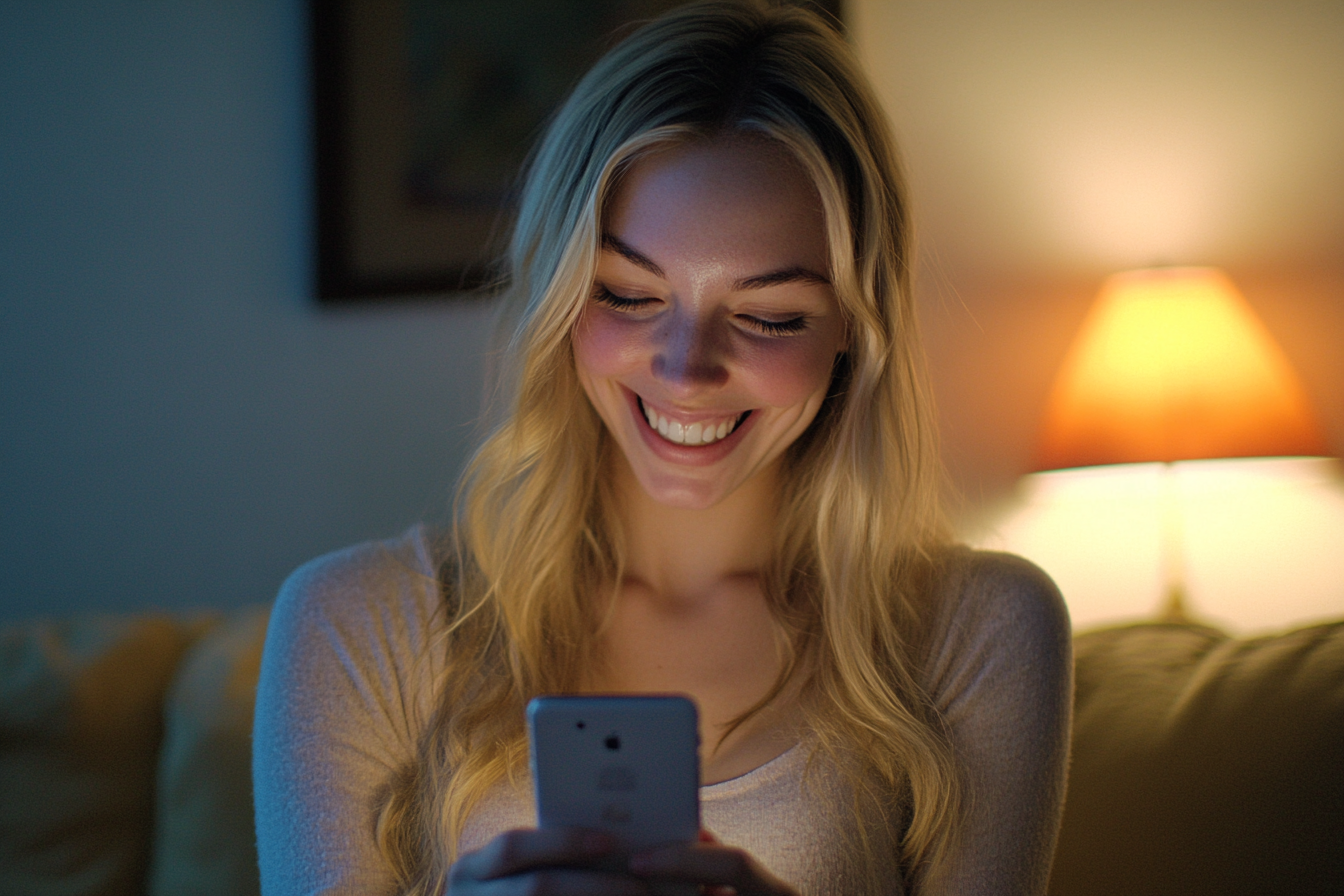 Una mujer sonriendo con su teléfono | Fuente: Midjourney