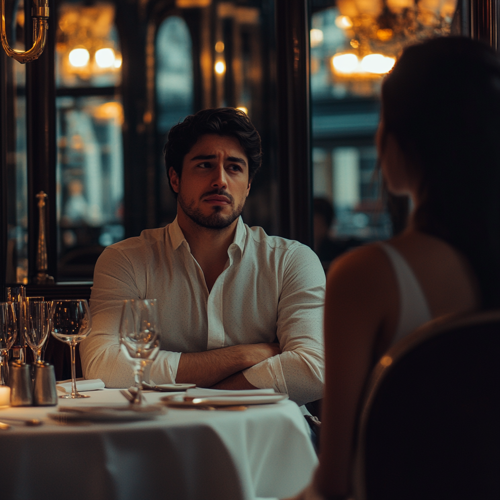 Hombre tenso y confuso con los brazos cruzados, hablando con su compañero de trabajo en un restaurante de lujo | Fuente: Midjourney