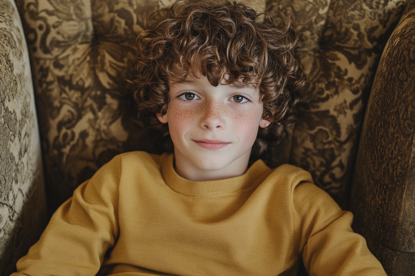 Un niño sonriendo débilmente sentado en un sillón | Fuente: Midjourney