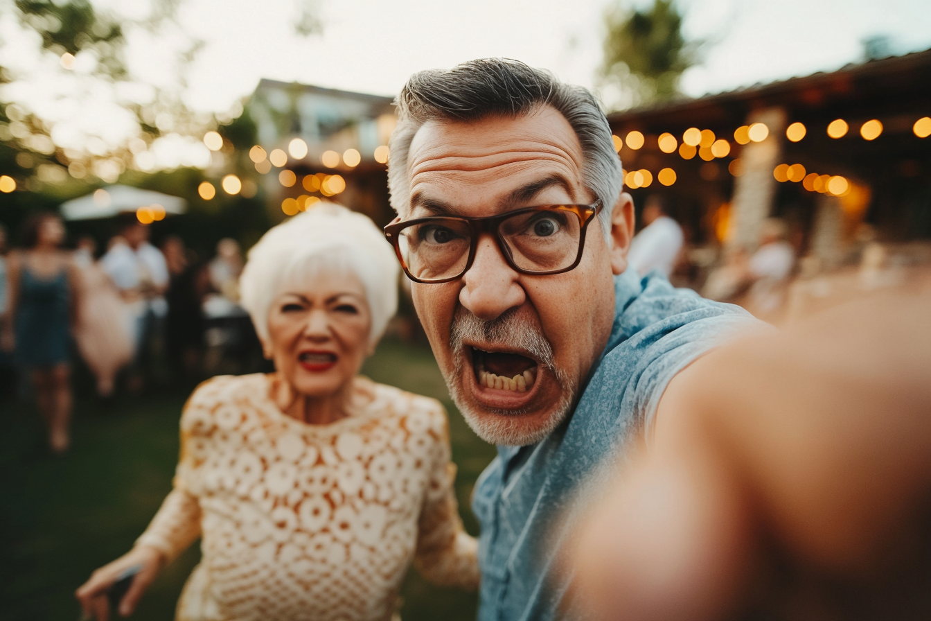 Un hombre de mediana edad frente a una mujer mayor con cara de enfado | Fuente: Midjourney