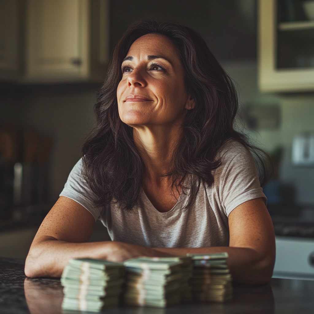 Una donna seduta con un piccolo sorriso | Fonte: Midjourney