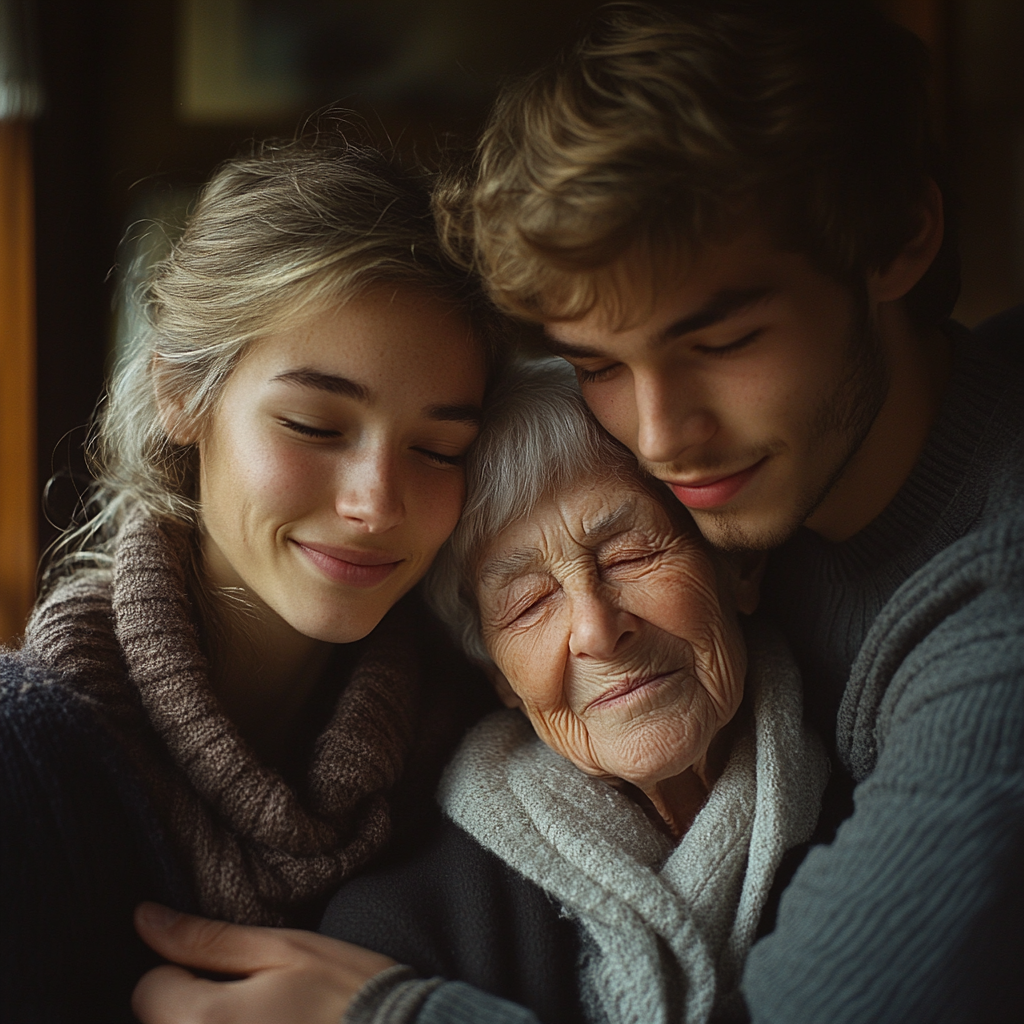 Una pareja joven comparte un abrazo con una mujer mayor | Fuente: Midjourney