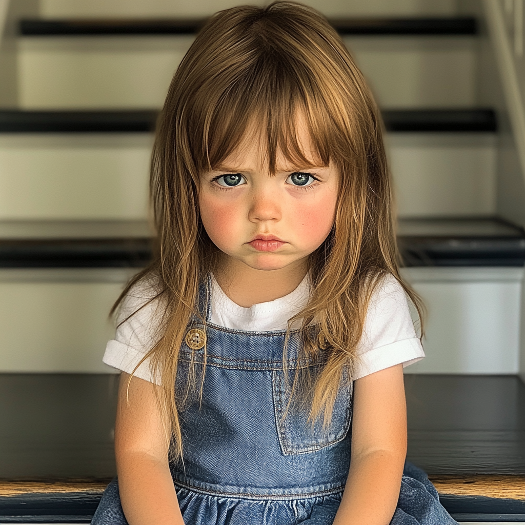 Una niña enfadada sentada en una escalera | Fuente: Midjourney