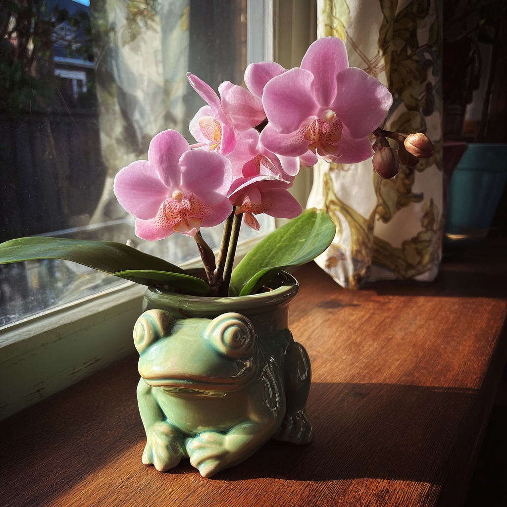 Un'orchidea in un vaso a forma di rana | Fonte: Midjourney