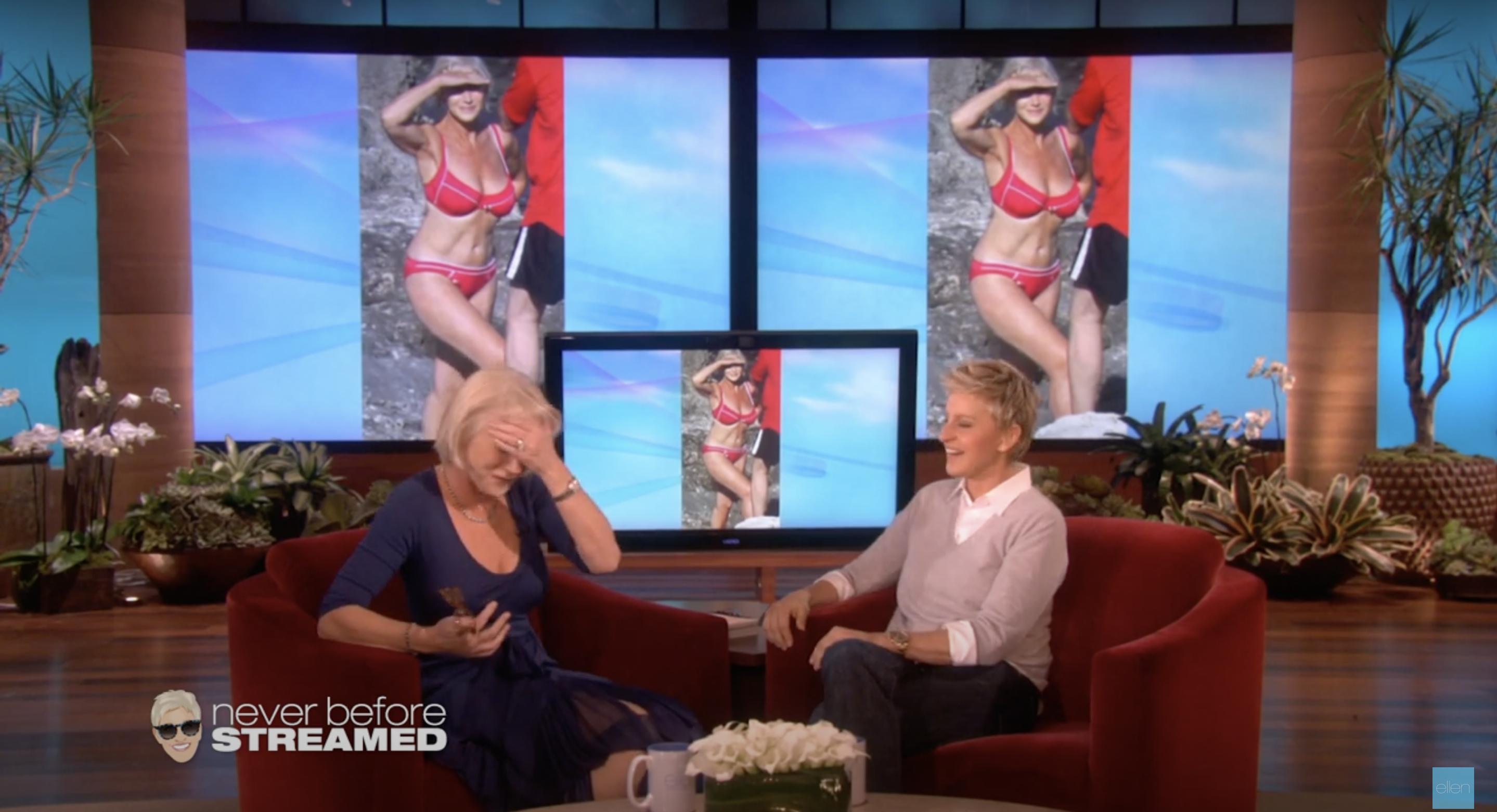 Helen Mirren habla de los acontecimientos que llevaron a un paparazzo a tomar su icónica foto en bikini, en un vídeo de YouTube, fechado el 5 de enero de 2023 | Fuente: Youtube/@TheEllenShow