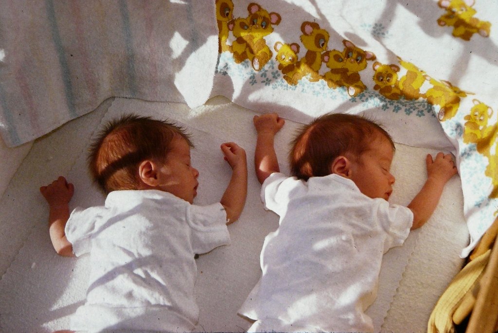 Gemelos recién nacidos recostados boca abajo tomando el sol. | Imagen: Flickr