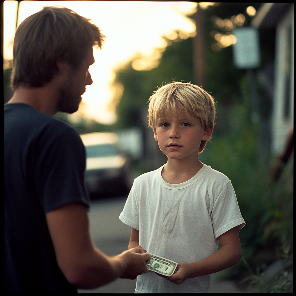 Un hombre dando dinero a un niño | Fuente: Midjourney