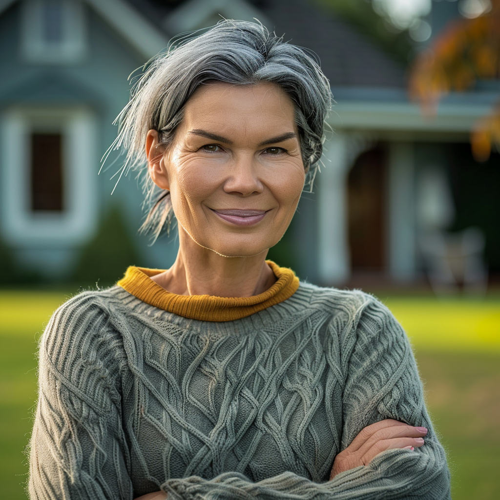 Mujer de brazos cruzados sonriendo delante de su casa | Fuente: Midjourney