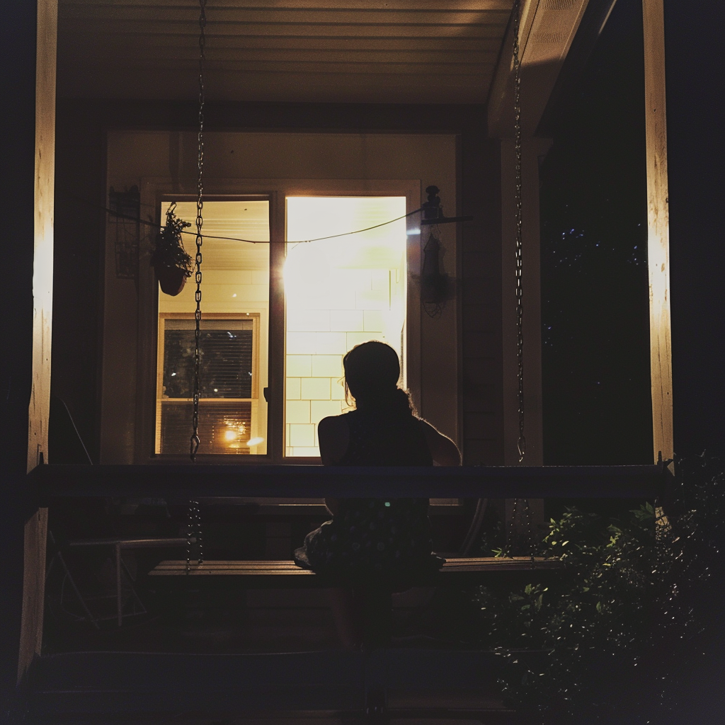 Una persona sentada en el columpio de un porche | Fuente: Midjourney