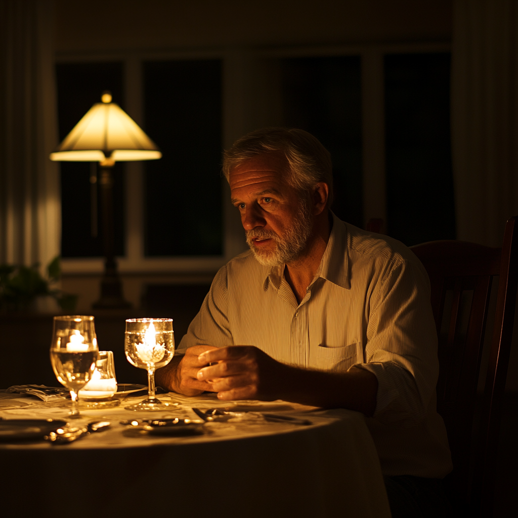 Un hombre mayor sentado a la mesa del comedor | Fuente: Midjourney