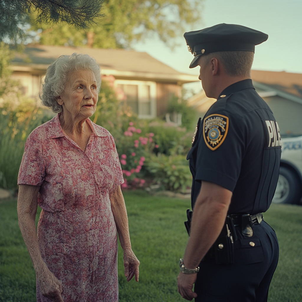 Edna hablando con un policía | Fuente: Midjourney