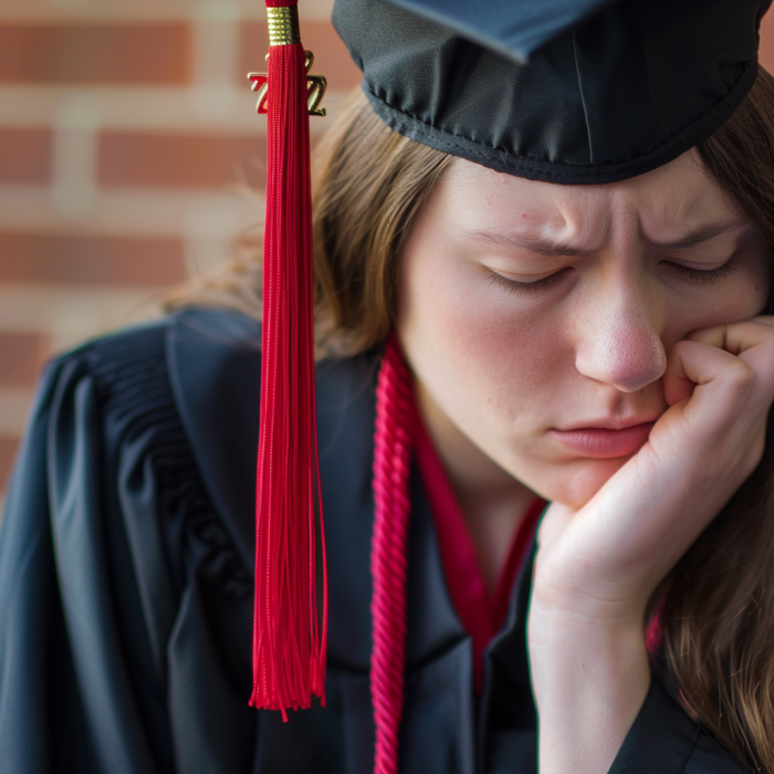 Una joven triste el día de su graduación | Fuente: Midjourney