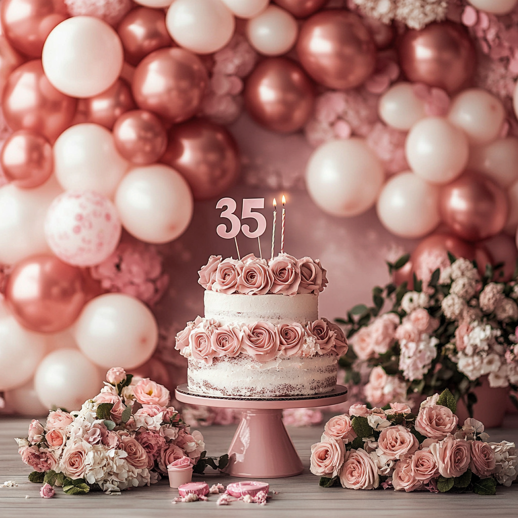 Un festivo montaje de celebración de cumpleaños 35 con globos, una tarta decorada, velas encendidas, flores frescas y un elegante fondo de fiesta | Fuente: Midjourney