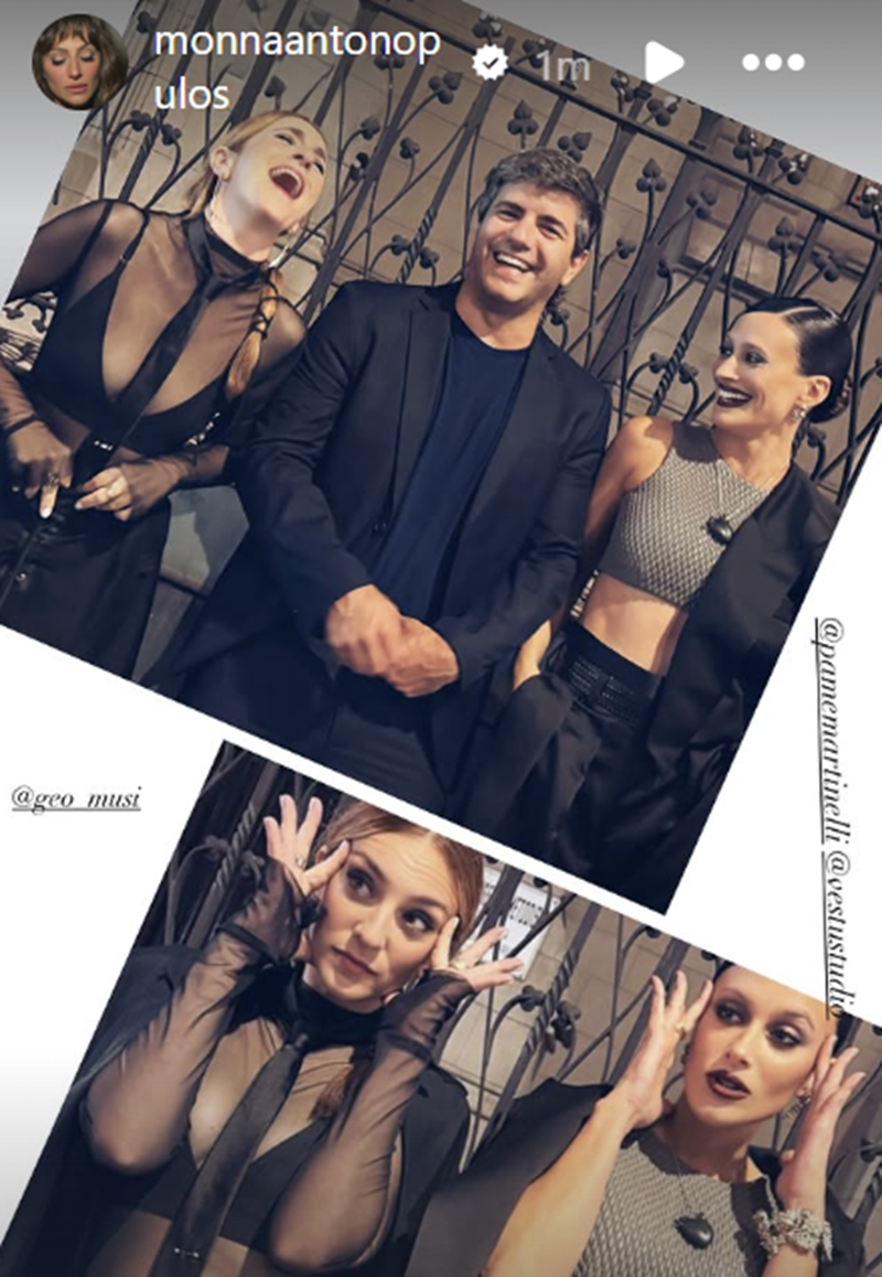 Mónica Antonópulos junto a Julieta Zylberberg y Marco Antonio Caponi, mostrando su look para los Premios ACE 2026 | Fuente: Instagram Stories/monnaantonopulos