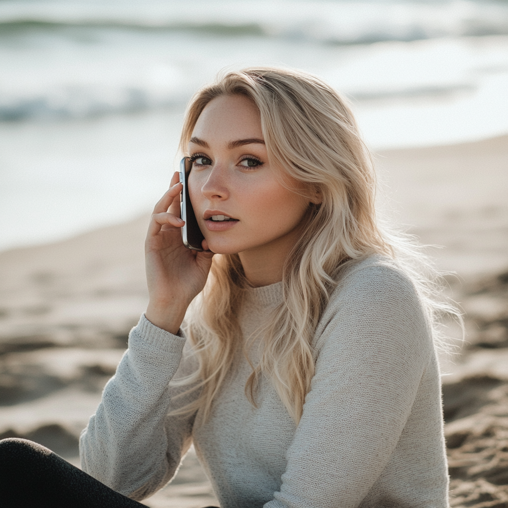 Una mujer hablando por teléfono en la playa | Fuente: Midjourney