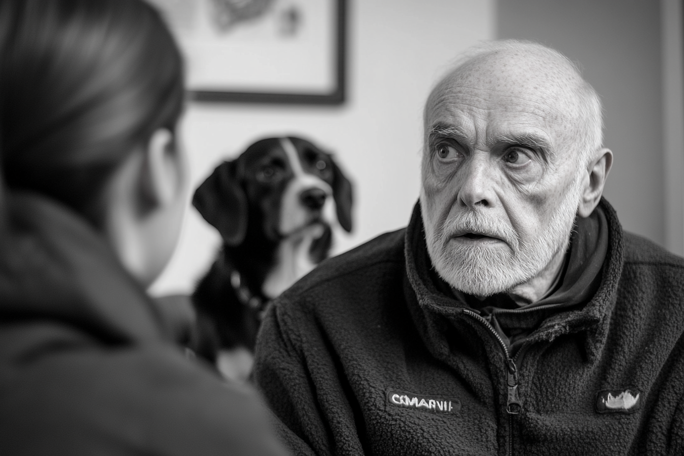 Hombre con expresión de asombro hablando con una recepcionista en un refugio de animales | Fuente: Midjourney