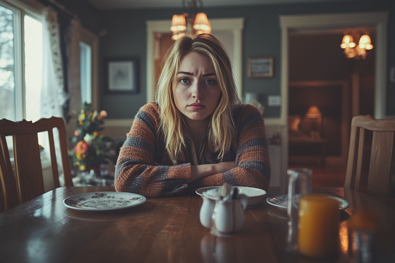 Una mujer tensa sentada a la mesa | Fuente: Midjourney