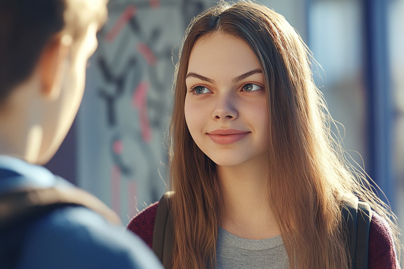 Una chica hablando con su amiga en la universidad | Fuente: Midjourney