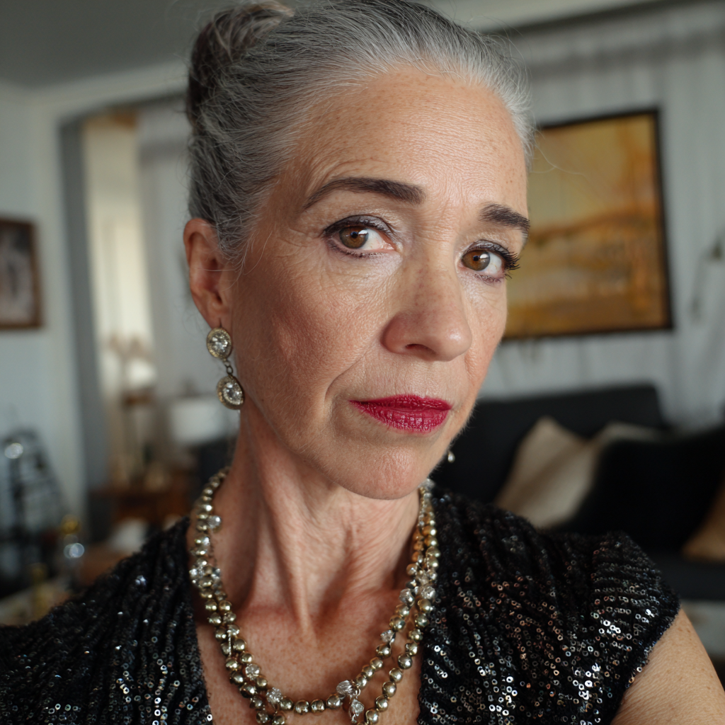 Primo piano di una donna anziana con un abito nero di paillettes | Fonte: Midjourney