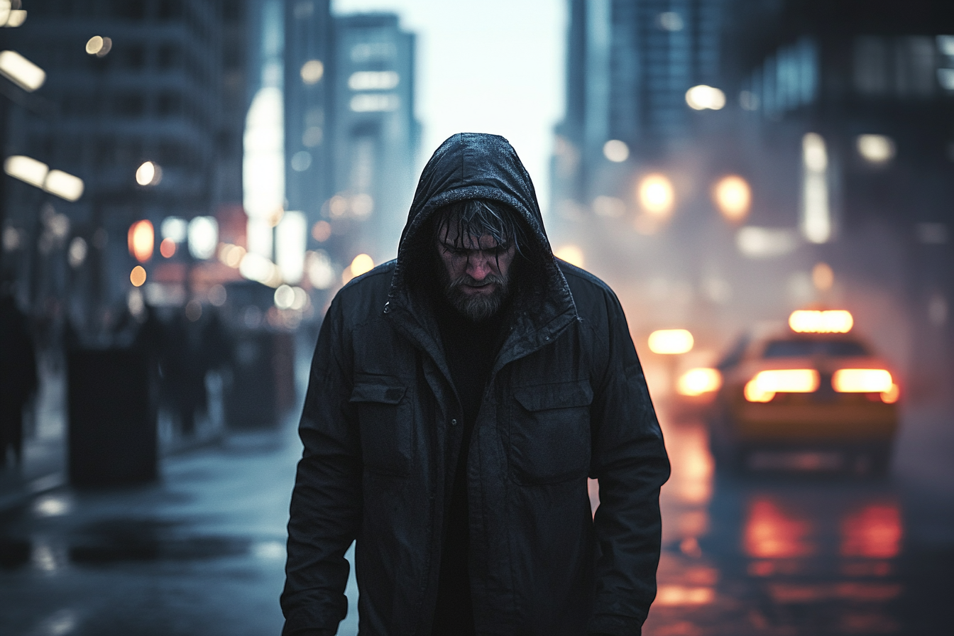 Un vagabundo caminando por una calle de la ciudad | Fuente: Midjourney