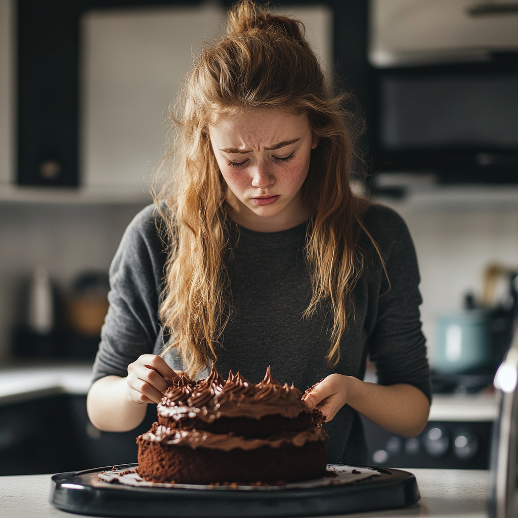 Una chica triste haciendo un Pastel | Fuente: Midjourney