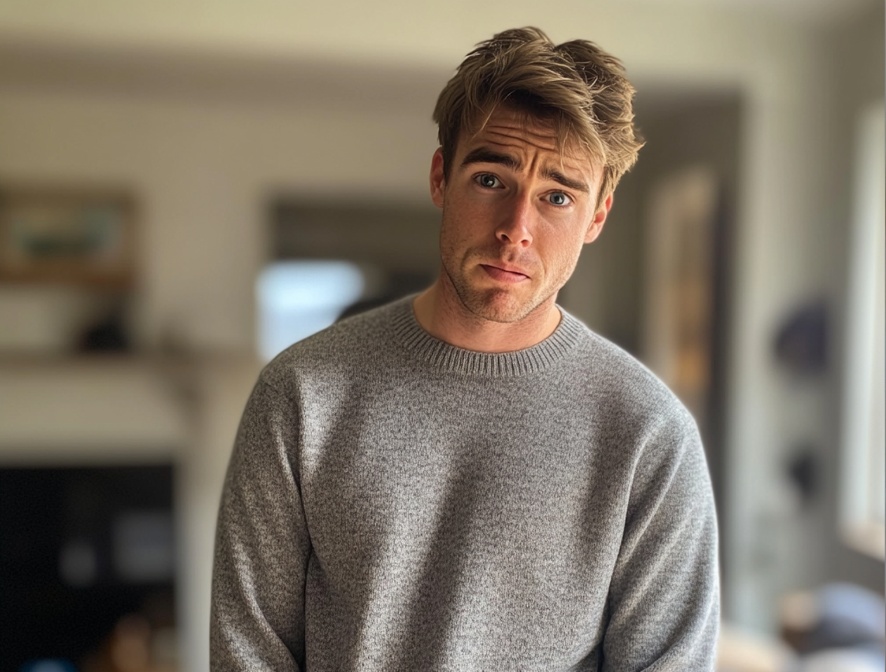 Un joven enfadado con un jersey gris | Fuente: Midjourney