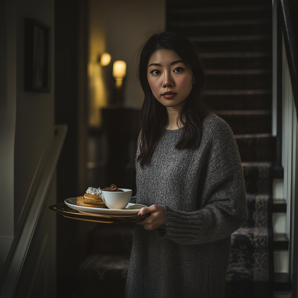 Una mujer llevando la bandeja del desayuno | Fuente: Midjourney