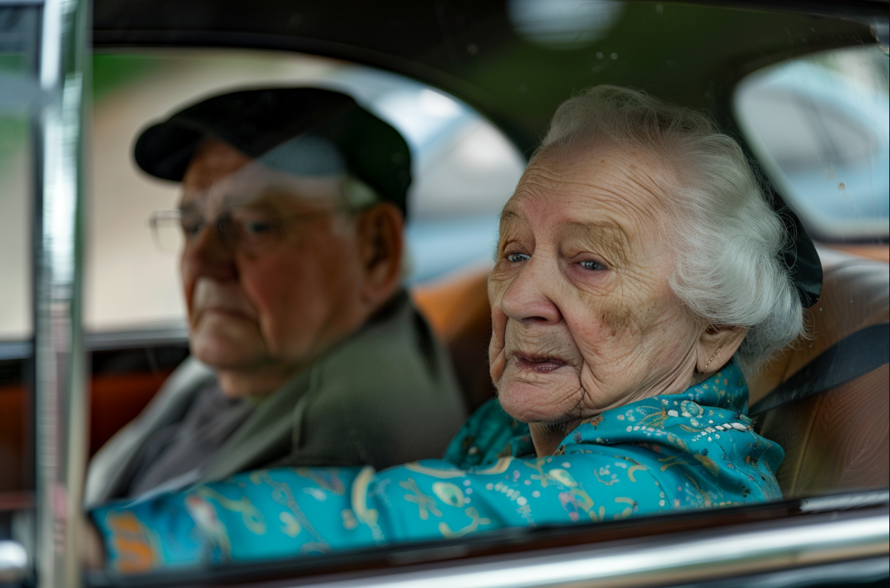 Una triste pareja de ancianos en un automóvil | Fuente: MidJourney