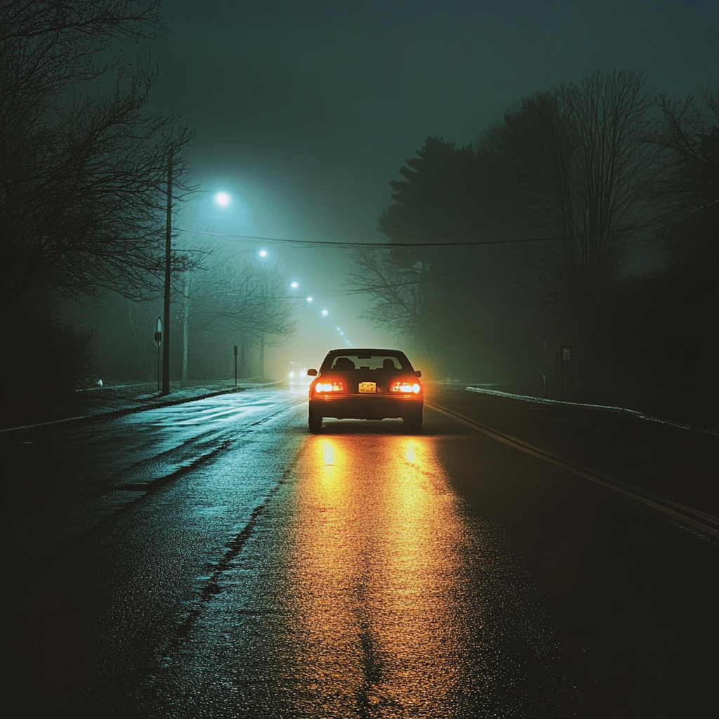 Un Automóvil solitario en medio de una carretera | Fuente: Midjourney