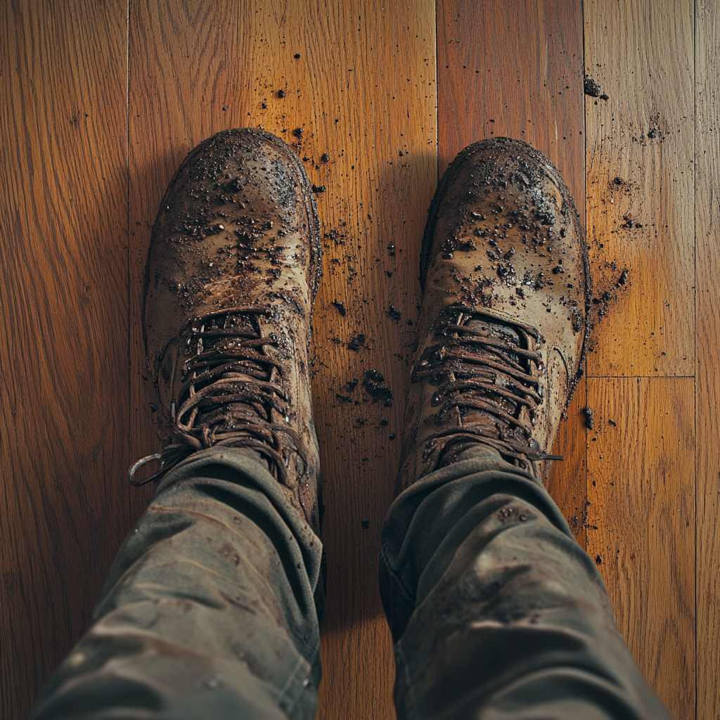 Un hombre con las botas llenas de barro | Fuente: Midjourney