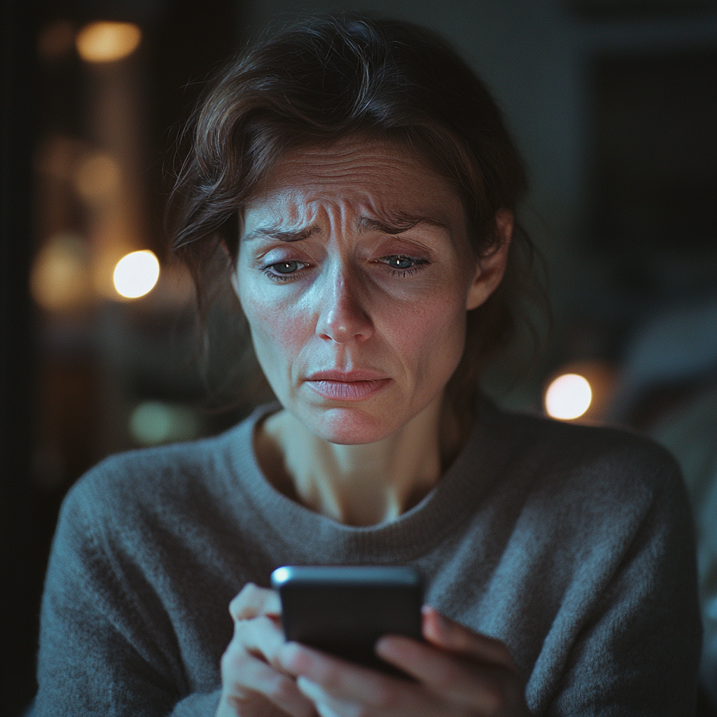 Una mujer angustiada mirando una publicación de Instagram Story | Fuente: Midjourney