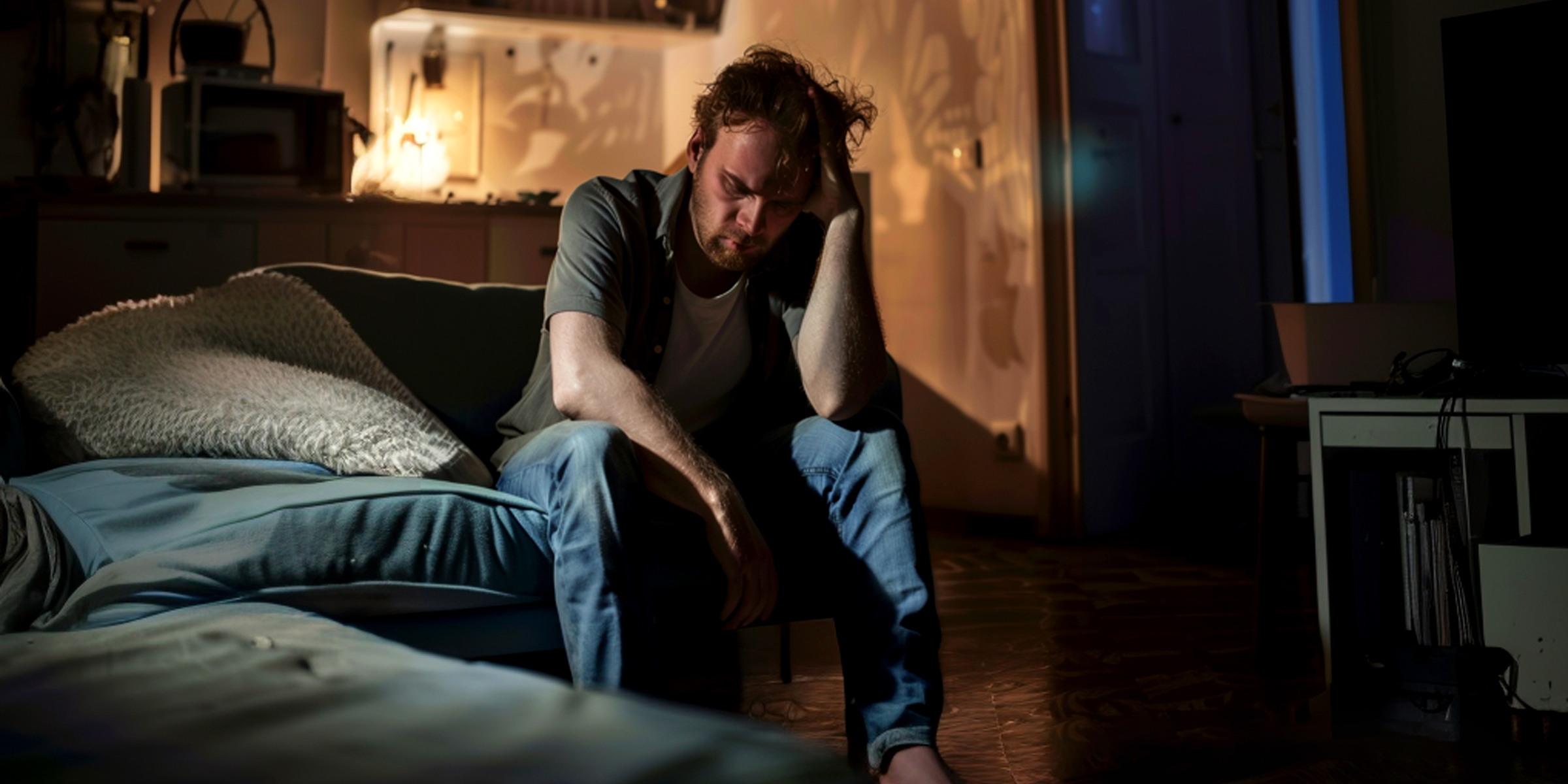 Un hombre angustiado sentado en una habitación oscura | Fuente: Midjourney