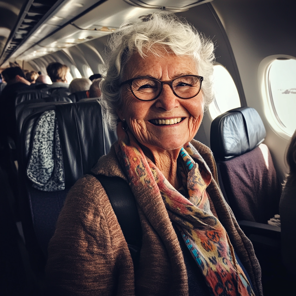 Una abuela en un avión | Fuente: Midjourney