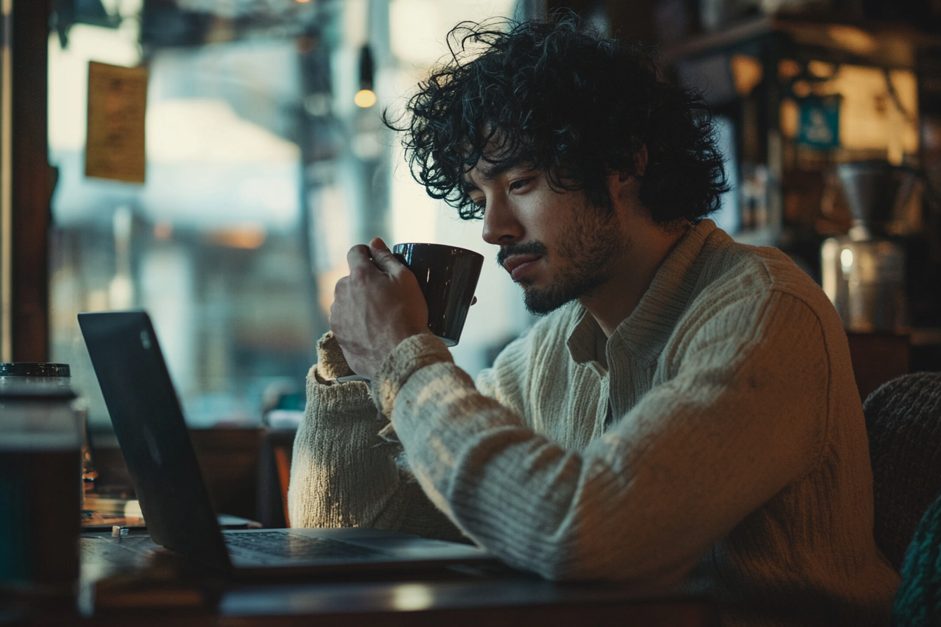 Un hombre bebe café mientras trabaja con su portátil en una cafetería | Fuente: Midjourney