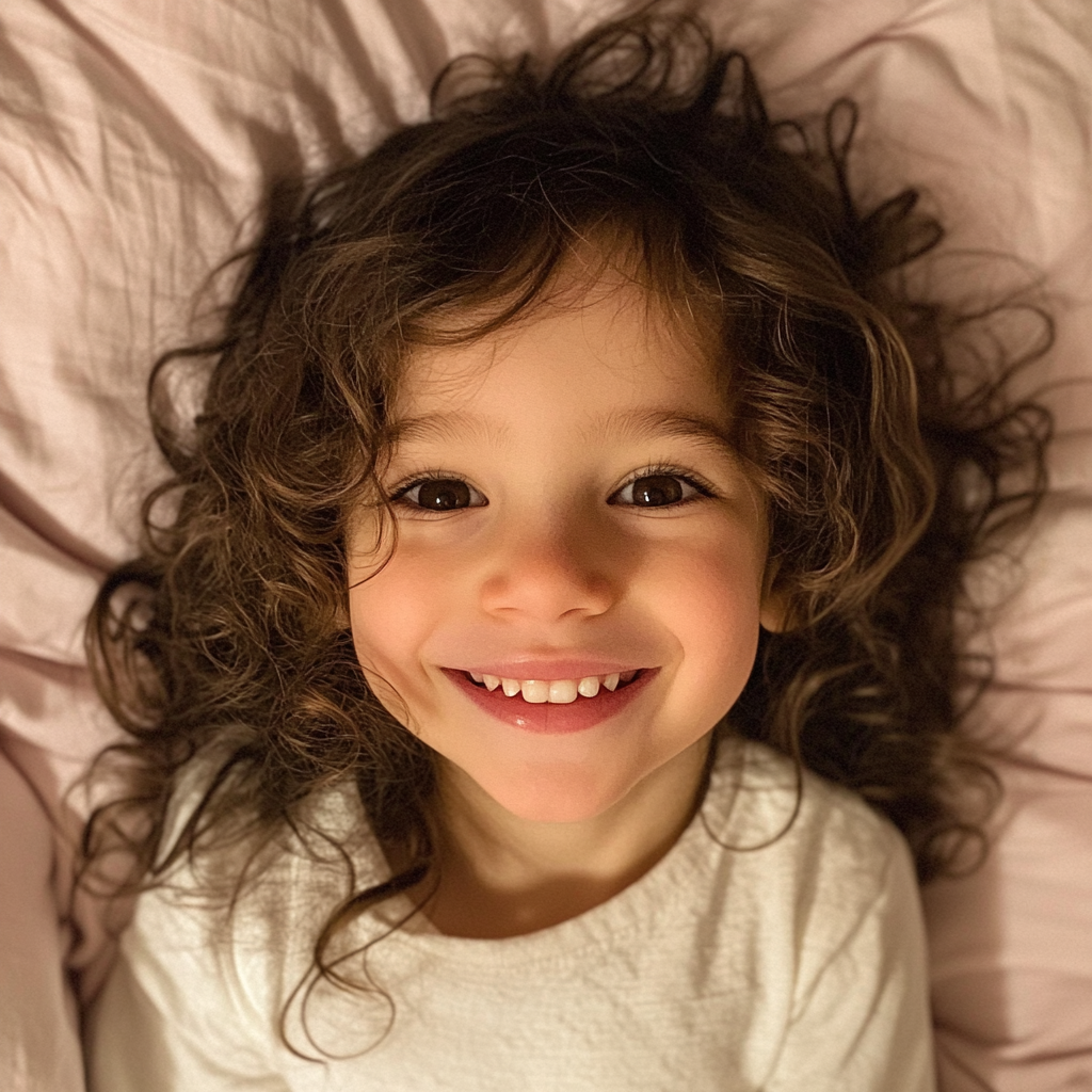 Una niña sonriente en una cama | Fuente: Midjourney