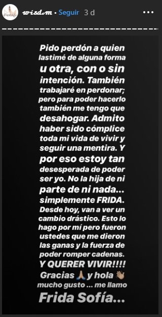 Segunda parte del mensaje de Frida Sofía| Foto: Instagram/ifridag