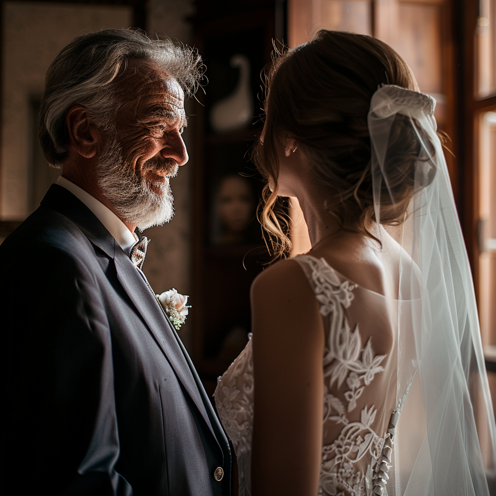 Un padre orgulloso mirando a su hija vestida de novia | Fuente: Midjourney