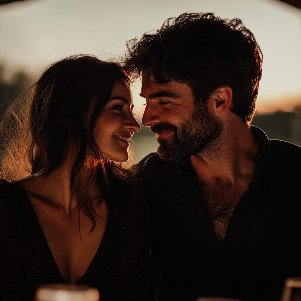 Una pareja feliz mirándose amorosamente a los ojos | Fuente: Midjourney